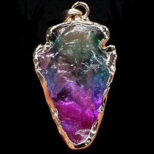 Ombre Arrowhead- Angel Aura Rainbow Quartz Striking Tip Point Head Gold Necklace